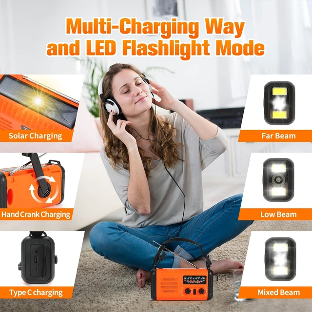 Alt view image 5 of 7 - Hand Crank Emergency Radio, NOAA Weather Radio with AM/FM & Solar Radio, 20000mAh Rechargeable Battery Powered, Cell Phone Charging, 3 Modes Flashlight Reading Lamp, SOS Alarm for Emergency