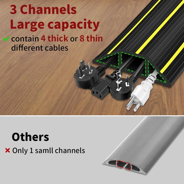 Alt view image 5 of 7 - Floor Cord Cover, 10ft Cord Covers for Wires on Floor, Extension Outdoor Cable Cover Protector, Heavy Duty PVC Duct, 3 Channels Cord Hider Floor Cable Management, Black