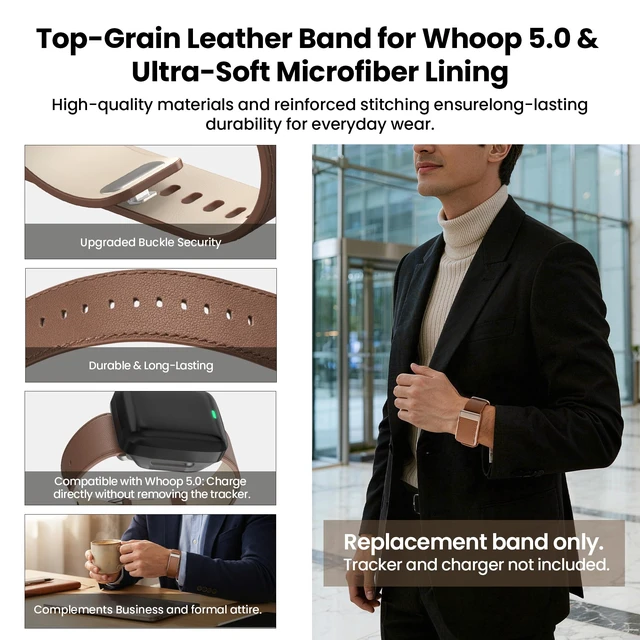 Alt view image 4 of 7 - Leather Band Compatible with Whoop 5.0 & MG Band Strap for Men Women Premium Genuine Leather Rugged Durable Replacement Wristbands Straps for Whoop 5.0 Bands Not Compatible with Gen 4