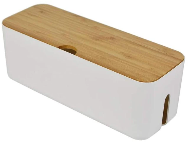 Main image of Cable Management Box with Bamboo Lid, Small Power Strip Organizer, White Cord Organizer Box to Hide Cords, for Conceal Power Strips and Electrical Cords, for TVs, Computers, and Desks