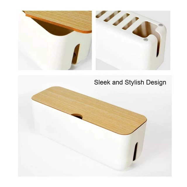 Alt view image 5 of 6 - Cable Management Box with Bamboo Lid, Small Power Strip Organizer, White Cord Organizer Box to Hide Cords, for Conceal Power Strips and Electrical Cords, for TVs, Computers, and Desks