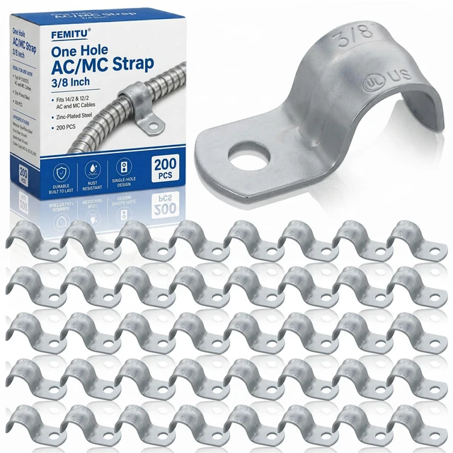 Main image of 200 Pack AC MC Strap 3/8 Inch, One Hole BX Strap, Zinc Plated Steel, Gray Fits 14/2 and 12/2 AC and MC Cables, Reinforced One-Hole Design for Secure Mounting in Residential and Commercial Wiring