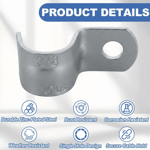 Alt view image 2 of 7 - 200 Pack AC MC Strap 3/8 Inch, One Hole BX Strap, Zinc Plated Steel, Gray Fits 14/2 and 12/2 AC and MC Cables, Reinforced One-Hole Design for Secure Mounting in Residential and Commercial Wiring