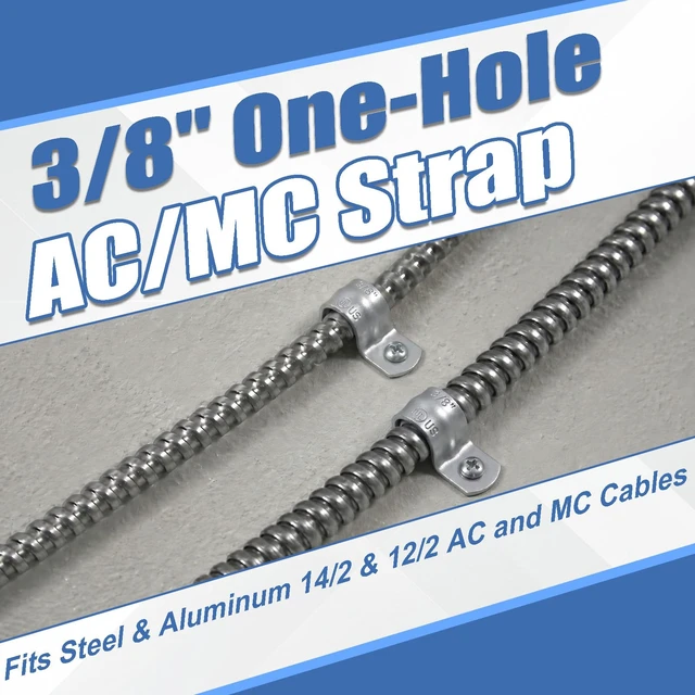Alt view image 4 of 7 - 200 Pack AC MC Strap 3/8 Inch, One Hole BX Strap, Zinc Plated Steel, Gray Fits 14/2 and 12/2 AC and MC Cables, Reinforced One-Hole Design for Secure Mounting in Residential and Commercial Wiring