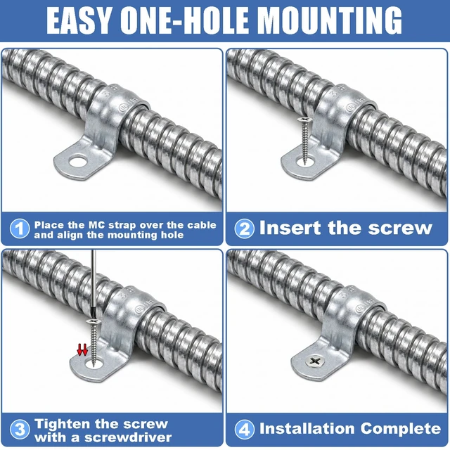 Alt view image 5 of 7 - 200 Pack AC MC Strap 3/8 Inch, One Hole BX Strap, Zinc Plated Steel, Gray Fits 14/2 and 12/2 AC and MC Cables, Reinforced One-Hole Design for Secure Mounting in Residential and Commercial Wiring