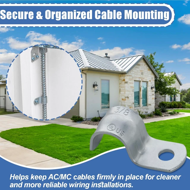 Alt view image 6 of 7 - 200 Pack AC MC Strap 3/8 Inch, One Hole BX Strap, Zinc Plated Steel, Gray Fits 14/2 and 12/2 AC and MC Cables, Reinforced One-Hole Design for Secure Mounting in Residential and Commercial Wiring