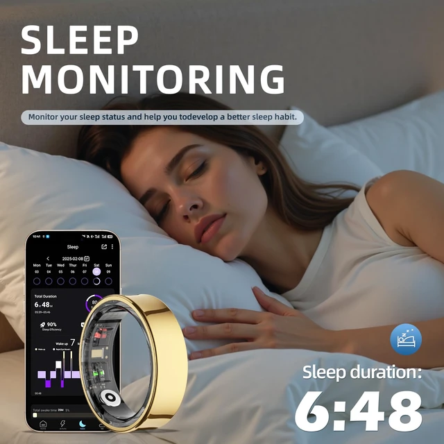 Alt view image 6 of 7 - Smart Ring Men Women, Sleep Monitor&Skin Temperature(Gold, 10) No Subscription Smart Ring with 5ATM Waterproof, Screen-Free Comfort, QRing App, Gesture Control, Cycle Tracking