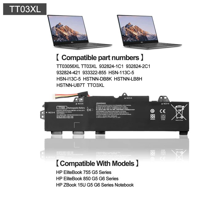Alt view image 3 of 7 - TT03XL 932824-421 Battery Fit for HP EliteBook 755 G5 850 G5 850 G6 ZBook 15U G5 G6 HSTNN-LB8H HSTNN-DB8K TT03XL-BTI TT03056XL-PL HSN-I13C-5 932824-1C1 932824-2C1 933322-855 11.55V 56WH