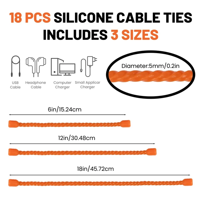 Alt view image 2 of 7 - 18pcs Silicone Cable Ties, 6-Inch, 12-Inch, 18-Inch Reusable Cable Zip Ties, Bendable Rubber Twist Ties, for Organizing, Bundling and Hooking (Orange, 6in+12in+18in (18pcs))