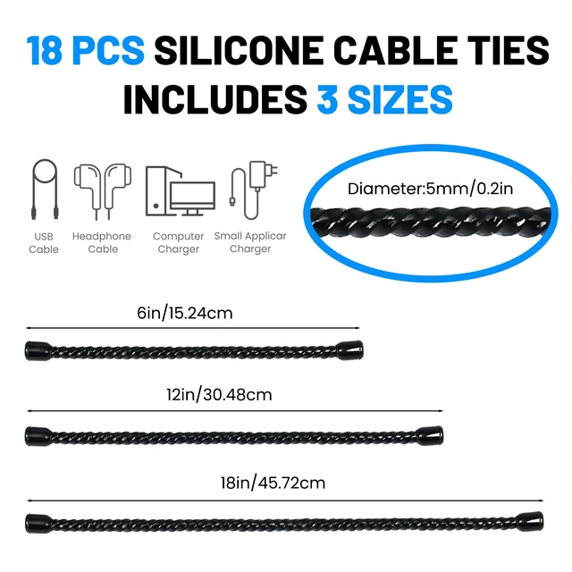 Alt view image 2 of 7 - 18pcs Silicone Cable Ties, 6-Inch, 12-Inch, 18-Inch Reusable Cable Zip Ties, Bendable Rubber Twist Ties, for Organizing, Bundling and Hooking (Black, 6in+12in+18in (18pcs))