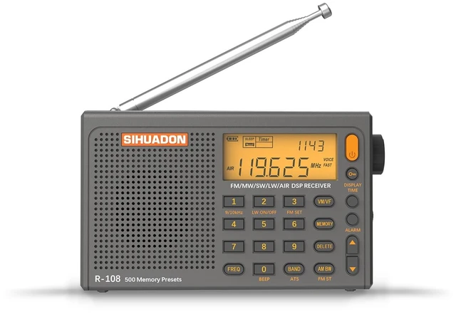 Main image of SIHUADON R-108 Portable Radio AM FM SW LW Airband, Small Retro Emergency Radio Digital Battery Operated 5W Speaker Clock Radios with Alarm for Bedroom, Kitchen, Camping, Power Outage Use, Grey