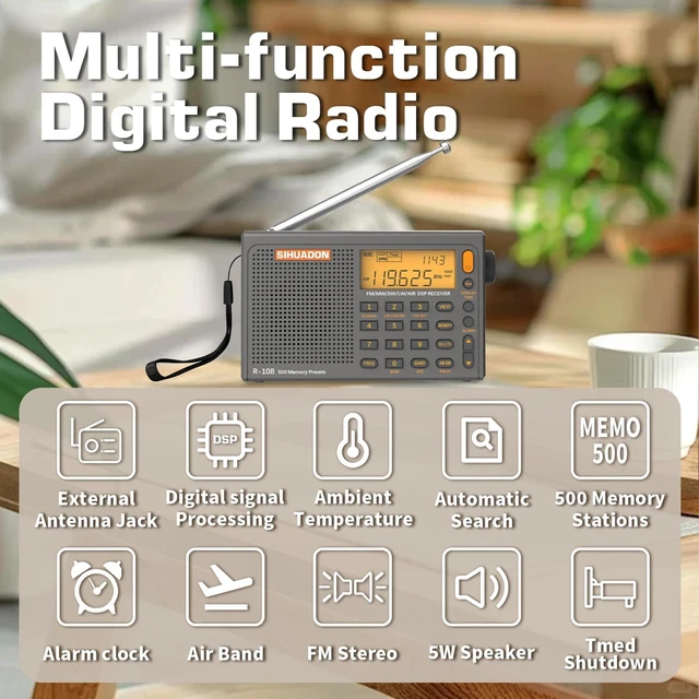 Alt view image 2 of 7 - SIHUADON R-108 Portable Radio AM FM SW LW Airband, Small Retro Emergency Radio Digital Battery Operated 5W Speaker Clock Radios with Alarm for Bedroom, Kitchen, Camping, Power Outage Use, Grey