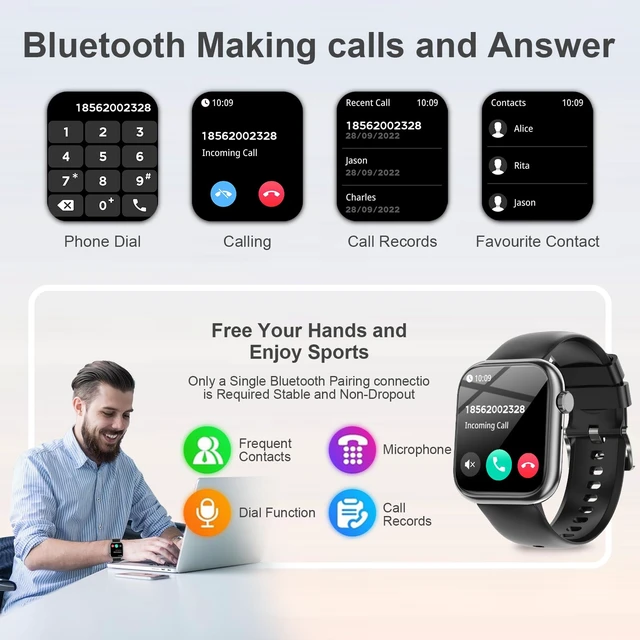 Alt view image 3 of 7 - Smart Watches for Men Women with Bluetooth Calls,7 Days Battery,1.83" Fitness Tracker with HR/Sleep/BP Monitor,110+ Sports IP68 Activity Trackers Watch for Android Phones Black
