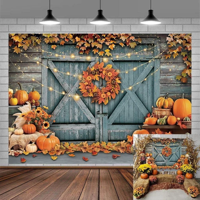 Main image of Fall Thanksgiving Backdrop Rustic Barn Door Autumn Pumpkin Harvest Photography Background Maple Leaves Garland Friendsgiving Family Party Decorations Photo Props (10x8FT)