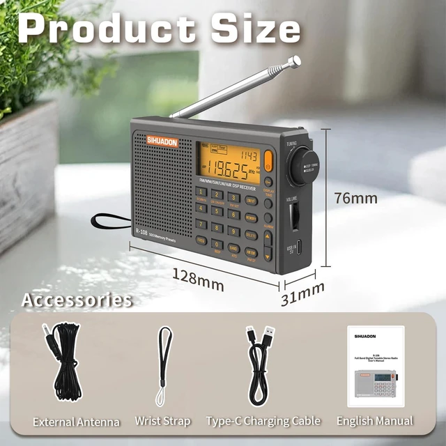 Alt view image 6 of 7 - SIHUADON R-108 Portable Radio AM FM SW LW Airband, Small Retro Emergency Radio Digital Battery Operated 5W Speaker Clock Radios with Alarm for Bedroom, Kitchen, Camping, Power Outage Use, Grey