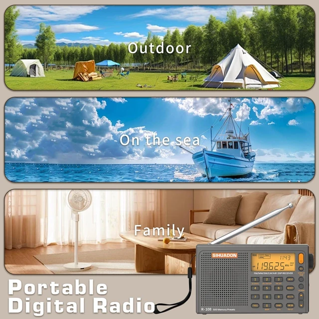 Alt view image 7 of 7 - SIHUADON R-108 Portable Radio AM FM SW LW Airband, Small Retro Emergency Radio Digital Battery Operated 5W Speaker Clock Radios with Alarm for Bedroom, Kitchen, Camping, Power Outage Use, Grey