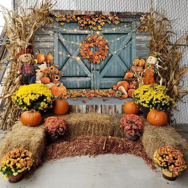 Alt view image 4 of 7 - Fall Thanksgiving Backdrop Rustic Barn Door Autumn Pumpkin Harvest Photography Background Maple Leaves Garland Friendsgiving Family Party Decorations Photo Props (10x8FT)