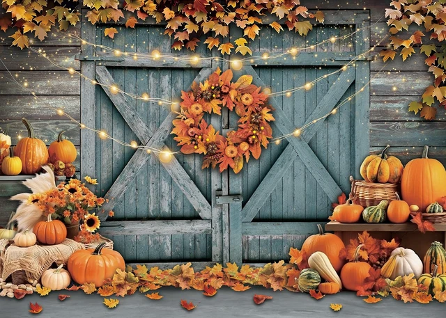Alt view image 2 of 7 - Fall Thanksgiving Backdrop Rustic Barn Door Autumn Pumpkin Harvest Photography Background Maple Leaves Garland Friendsgiving Family Party Decorations Photo Props (10x8FT)