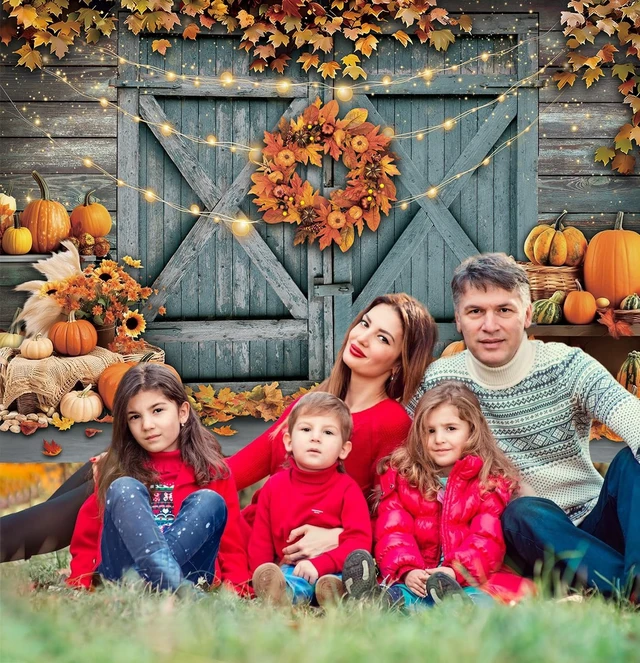 Alt view image 5 of 7 - Fall Thanksgiving Backdrop Rustic Barn Door Autumn Pumpkin Harvest Photography Background Maple Leaves Garland Friendsgiving Family Party Decorations Photo Props (10x8FT)