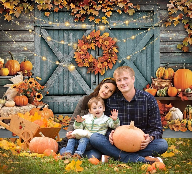 Alt view image 3 of 7 - Fall Thanksgiving Backdrop Rustic Barn Door Autumn Pumpkin Harvest Photography Background Maple Leaves Garland Friendsgiving Family Party Decorations Photo Props (10x8FT)