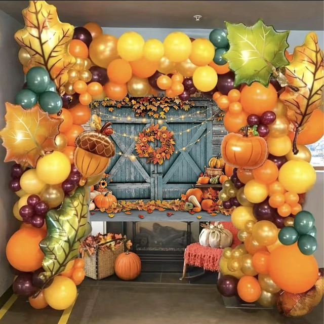 Alt view image 6 of 7 - Fall Thanksgiving Backdrop Rustic Barn Door Autumn Pumpkin Harvest Photography Background Maple Leaves Garland Friendsgiving Family Party Decorations Photo Props (10x8FT)