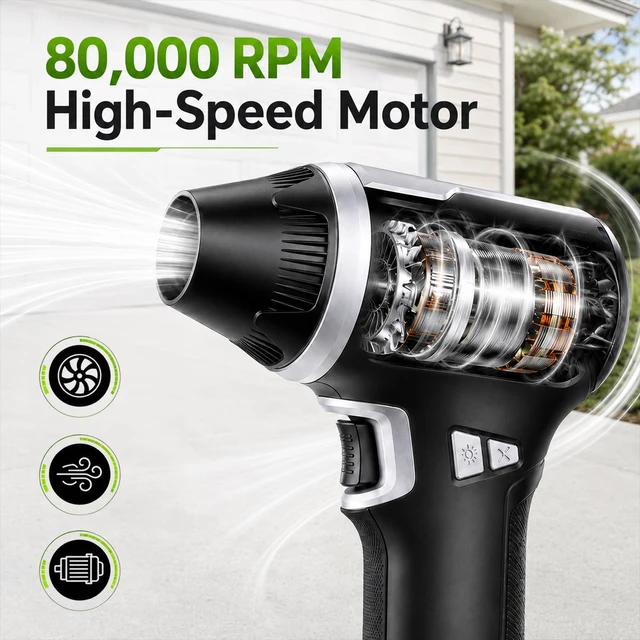 Alt view image 2 of 7 - Car Blower for Drying, Cordless Air Duster, 80000 High-Speed RPM Car Dryer Air Blower w/ 3 Speeds LED Light 3 Nozzles, Rechargeable Turbo Fan for Car Dryung, PC Electronics Cleaning & Garage