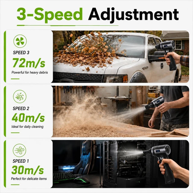 Alt view image 3 of 7 - Car Blower for Drying, Cordless Air Duster, 80000 High-Speed RPM Car Dryer Air Blower w/ 3 Speeds LED Light 3 Nozzles, Rechargeable Turbo Fan for Car Dryung, PC Electronics Cleaning & Garage