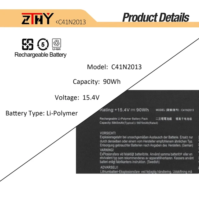 Alt view image 2 of 7 - 90Wh C41N2013 C41N2013-1 Laptop Battery for Asus ROG Strix G15 G513 G513QM G513QR G17 G713 G713QY G713IM Scar 15 G533 G533QM Zephyrus G15 GA503Q GA503QE M16 GU603 17 G733 S17 GX703 F15 FX507 A17 FA707