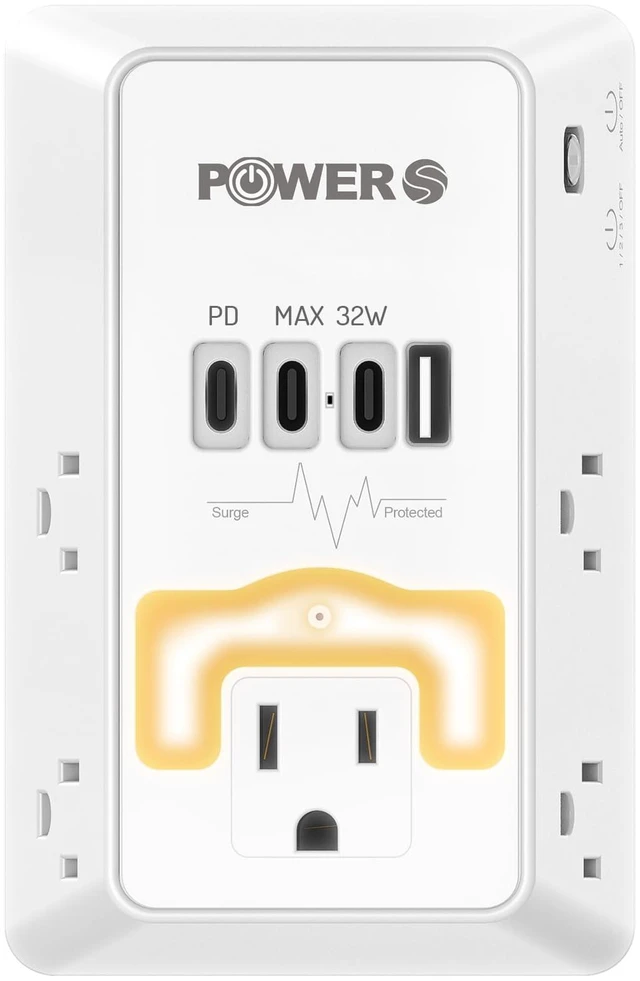 Main image of 20W PD Fast Charging Wall Outlet with USB Ports (3C1A), Electrical Outlet Extender with Night Light, Surge Protector, Wall Plug Adapter for Multiple Devices, Wall Socket Expander