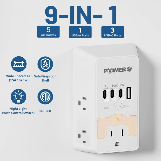 Alt view image 3 of 7 - 20W PD Fast Charging Wall Outlet with USB Ports (3C1A), Electrical Outlet Extender with Night Light, Surge Protector, Wall Plug Adapter for Multiple Devices, Wall Socket Expander