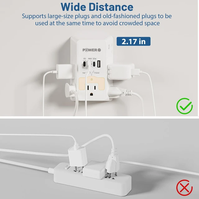 Alt view image 6 of 7 - 20W PD Fast Charging Wall Outlet with USB Ports (3C1A), Electrical Outlet Extender with Night Light, Surge Protector, Wall Plug Adapter for Multiple Devices, Wall Socket Expander