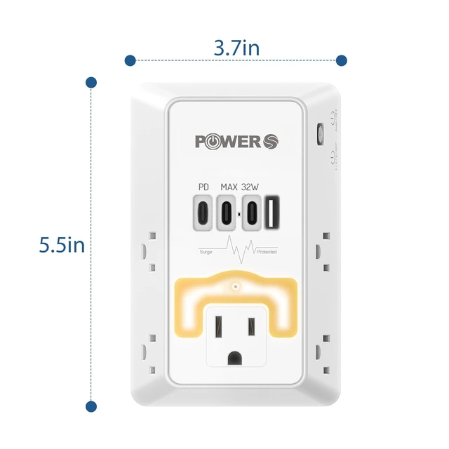 Alt view image 7 of 7 - 20W PD Fast Charging Wall Outlet with USB Ports (3C1A), Electrical Outlet Extender with Night Light, Surge Protector, Wall Plug Adapter for Multiple Devices, Wall Socket Expander