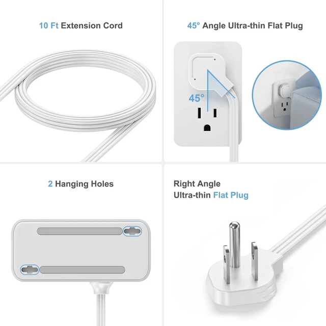 Alt view image 3 of 5 - 10 FT Flat Plug Extension Cord, 4 AC Outlets 4 USB Surge Protector Power Strip, 950 Joules Protection, Wall Mount Desk Charging for Home Office, White & Gray