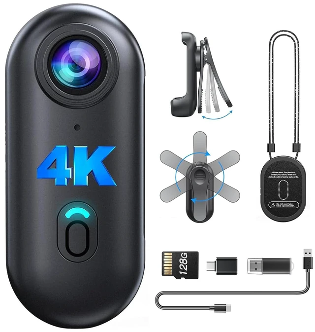 Main image of 4K Mini Body Camera, 128GB Thumb-Size Wearable Camera, W4 magnetic neck strap, 360° rotatable clip and 96-minute recording for lectures, pet walking, cycling, sports and outdoor use