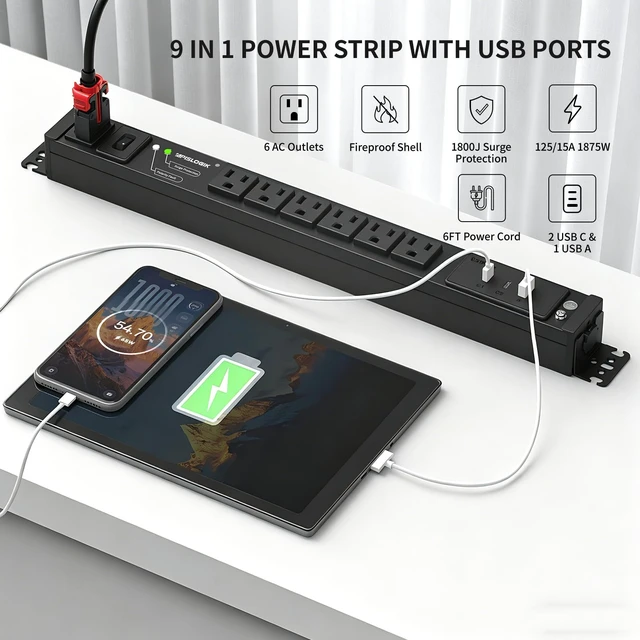 Alt view image 2 of 7 - Surge Protector Power Strip, 6 Outlet PDU Power Strip, 3 USB Ports, 6 Feet 65W Fast Charging, with Switch, Mountable, Heavy Duty Power Strip Surge Protector 1800J, Auto Lock Extension Cord, 15A/1875W