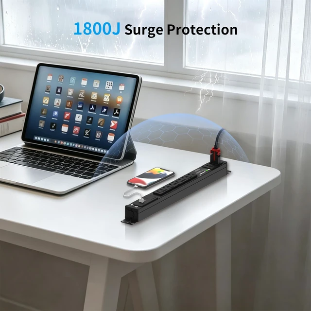 Alt view image 4 of 7 - Surge Protector Power Strip, 6 Outlet PDU Power Strip, 3 USB Ports, 6 Feet 65W Fast Charging, with Switch, Mountable, Heavy Duty Power Strip Surge Protector 1800J, Auto Lock Extension Cord, 15A/1875W
