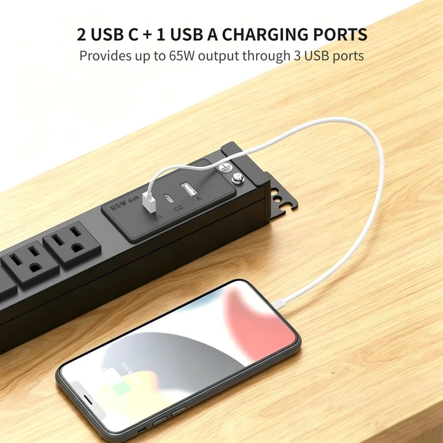 Alt view image 3 of 7 - Surge Protector Power Strip, 6 Outlet PDU Power Strip, 3 USB Ports, 6 Feet 65W Fast Charging, with Switch, Mountable, Heavy Duty Power Strip Surge Protector 1800J, Auto Lock Extension Cord, 15A/1875W
