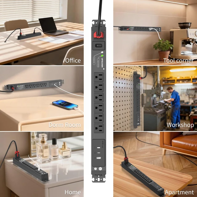 Alt view image 7 of 7 - Surge Protector Power Strip, 6 Outlet PDU Power Strip, 3 USB Ports, 6 Feet 65W Fast Charging, with Switch, Mountable, Heavy Duty Power Strip Surge Protector 1800J, Auto Lock Extension Cord, 15A/1875W