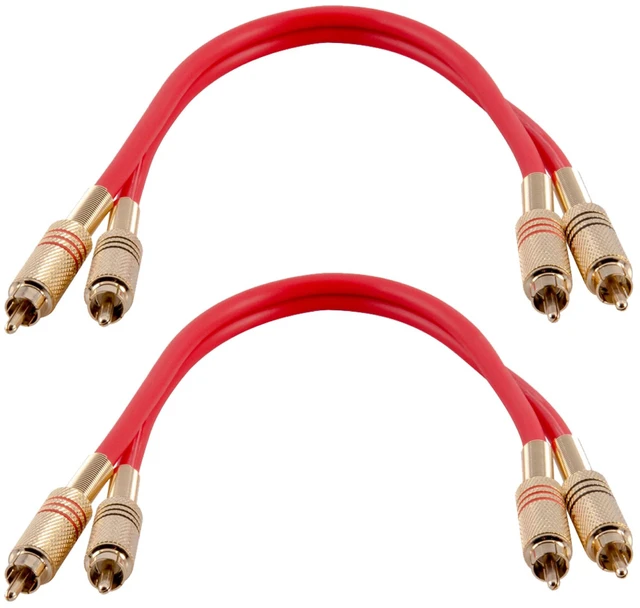 Main image of Speakers Premium 1 Foot Dual RCA Male to Dual RCA Male Audio Patch Cables, Pack of 2, Red Color Cables, 2RCA to 2RCA Audio Cord