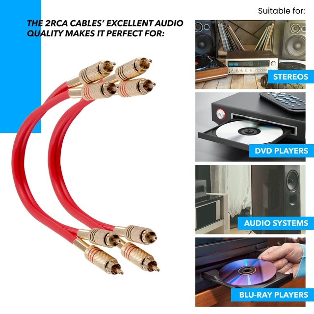 Alt view image 5 of 6 - Speakers Premium 1 Foot Dual RCA Male to Dual RCA Male Audio Patch Cables, Pack of 2, Red Color Cables, 2RCA to 2RCA Audio Cord