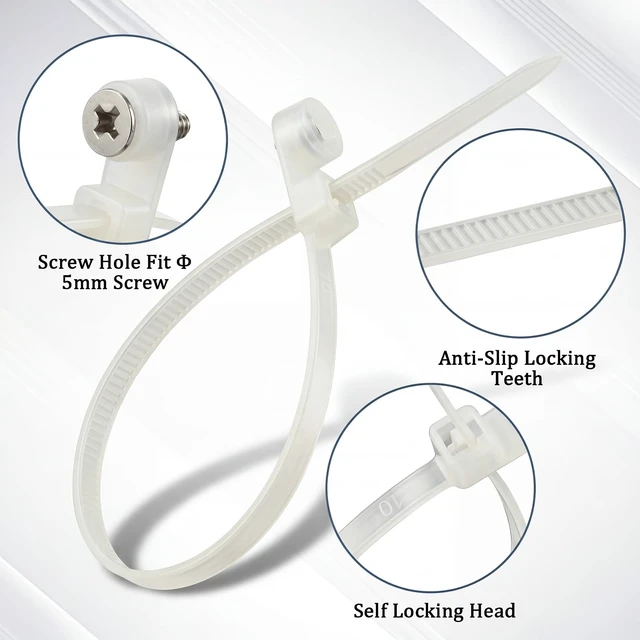 Alt view image 6 of 7 - 1000 Pcs Plastic Zip Tie with Screw Hole, White Screw Zip Ties 7.5 Inch, 50lbs, with Mounting Hole, Multipurpose Cable Management, Heavy Duty, Secure Wire Organizer for Indoor Outdoor Use