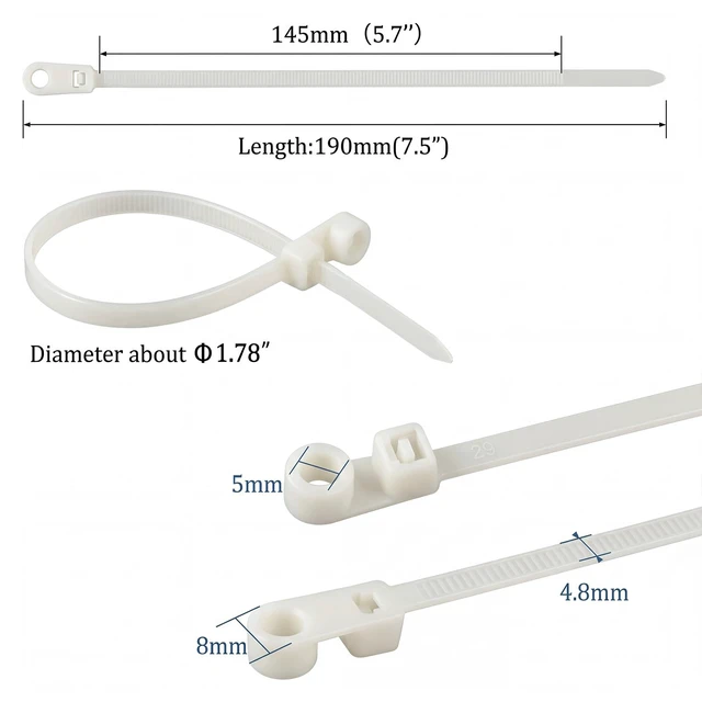 Alt view image 5 of 7 - 1000 Pcs Plastic Zip Tie with Screw Hole, White Screw Zip Ties 7.5 Inch, 50lbs, with Mounting Hole, Multipurpose Cable Management, Heavy Duty, Secure Wire Organizer for Indoor Outdoor Use