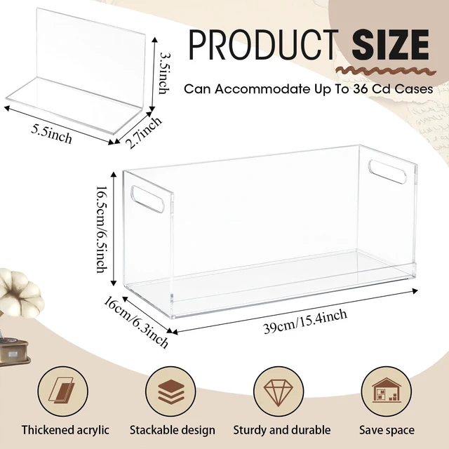 Alt view image 2 of 6 - 2 Pcs Acrylic Cd Storage Box, Stackable Holder with Handles Clear Design to Hold Cds Dvds Upright, Cutout Handles for Portability, Shelf Organizer for Media Room Office Bookshelf