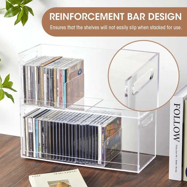 Alt view image 5 of 6 - 2 Pcs Acrylic Cd Storage Box, Stackable Holder with Handles Clear Design to Hold Cds Dvds Upright, Cutout Handles for Portability, Shelf Organizer for Media Room Office Bookshelf