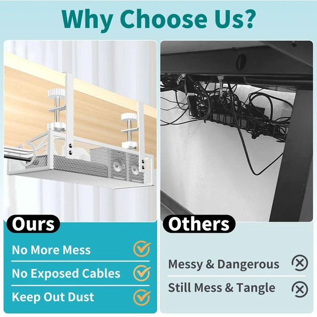 Alt view image 5 of 7 - Under Desk Cable Management Tray White, No Drill Desk Cable Management Organizer with Clamp for Desk Wire Management, PC Cord Organizer Accessories & Workspace Organizers for Office, Home(2 Pack)