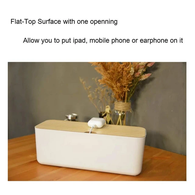 Alt view image 4 of 6 - Cable Management Box with Bamboo Lid, Small Power Strip Organizer, White Cord Organizer Box to Hide Cords, for Conceal Power Strips and Electrical Cords, for TVs, Computers, and Desks