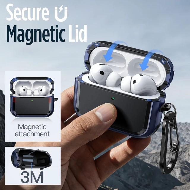 Alt view image 4 of 7 - Magnetic Case for AirPods Pro 3 with Keychain, Blue Powerful Drop Protection, Cover Compatible with MagSafe, Magnetic Lid, Front LED Visible