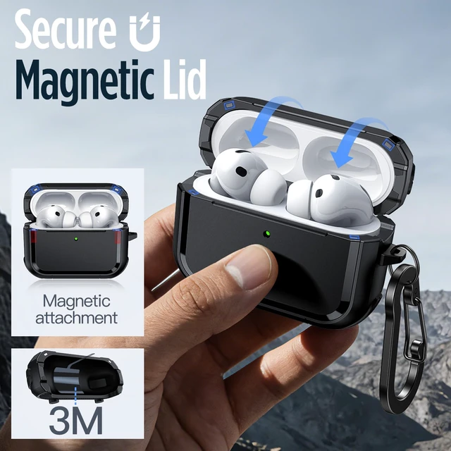 Alt view image 4 of 7 - Magnetic Case for AirPods Pro 3 with Keychain, Black Powerful Drop Protection, Cover Compatible with MagSafe, Magnetic Lid, Front LED Visible