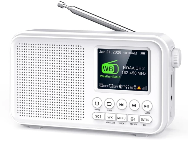 Main image of Portable FM Radio with Bluetooth, 3000mAh Rechargeable Battery, 40 Presets 2.4" Color Display, 8W Speaker, Auto Scan, 7 NOAA Weather Channels, WX Alert, Dual Alarm, MicroSD, Headphone Jack, Home