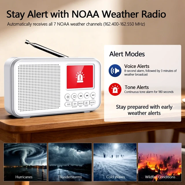 Alt view image 2 of 7 - Portable FM Radio with Bluetooth, 3000mAh Rechargeable Battery, 40 Presets 2.4" Color Display, 8W Speaker, Auto Scan, 7 NOAA Weather Channels, WX Alert, Dual Alarm, MicroSD, Headphone Jack, Home